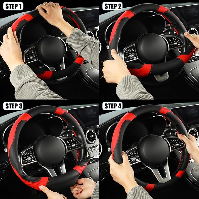 Black Red Breathable Microfiber Leather Steering Wheel Cover | Breathable Anti Slip Grip Cool Sporty Look Glow for Women Men