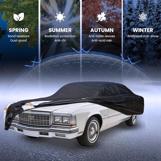 Multi-Layer Car Cover Custom Fit for Cadillac DeVille(1994-1999), 100% Waterproof All Weather for Automobiles, Gift with Towel, Heavy Duty Car Covers for Rain Sun UV Protection with Door Zipper.