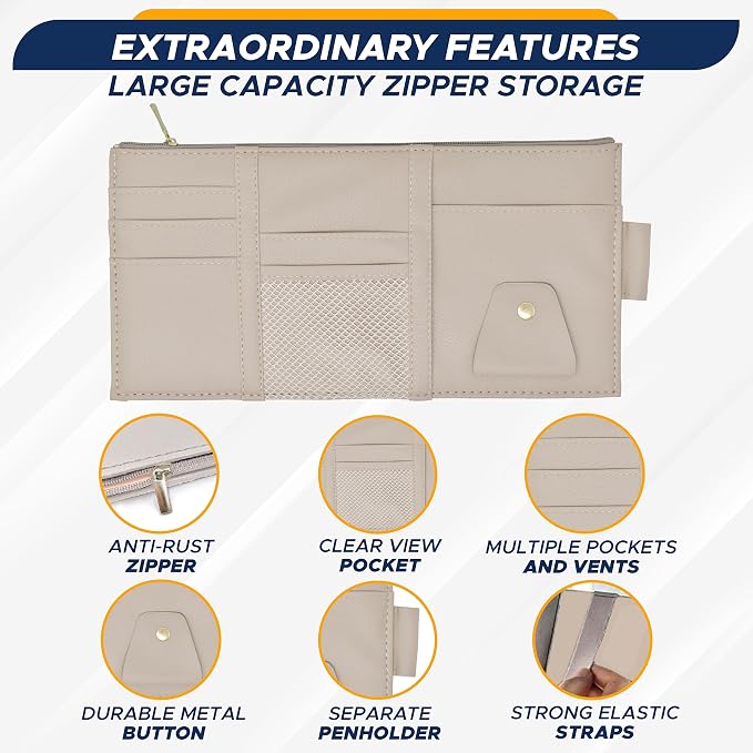 EcoNour Car Sun Visor Organizer (Beige) | Multi-Pocket Net Zipper Case for Cash, Card, Pen & Sunglass | Visor Organizer Storage Pouch | Interior Accessories with Pocket for Car & Truck | Small