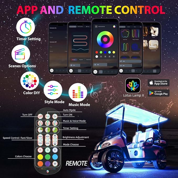 6PCS Golf Cart Underglow LED Light Strip Kit,12-80V,IP65 Waterproof Neon Accent Lighting Kits, Golf Cart Canopy Lights,Glow Neon Underbody Lighting with APP and Remote Control
