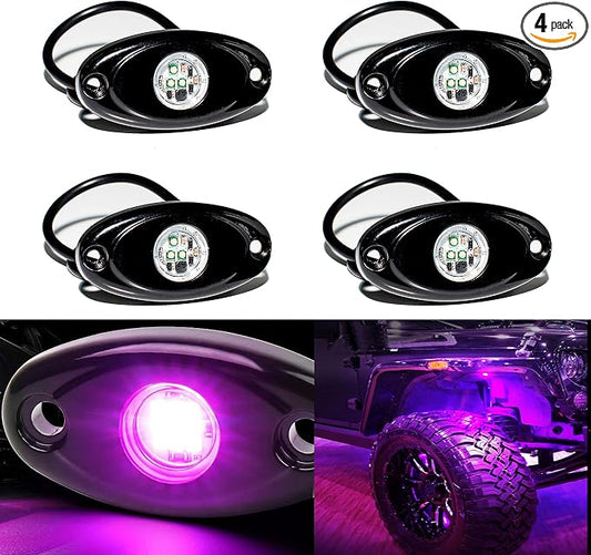 YONEDA 4 Pods Purple Rock Lights 6000K 3LED Bright LED Underglow Lights IP68 Waterproof for Trucks SUV UTV ATV RZR Car Boats Pickup Motorcycle
