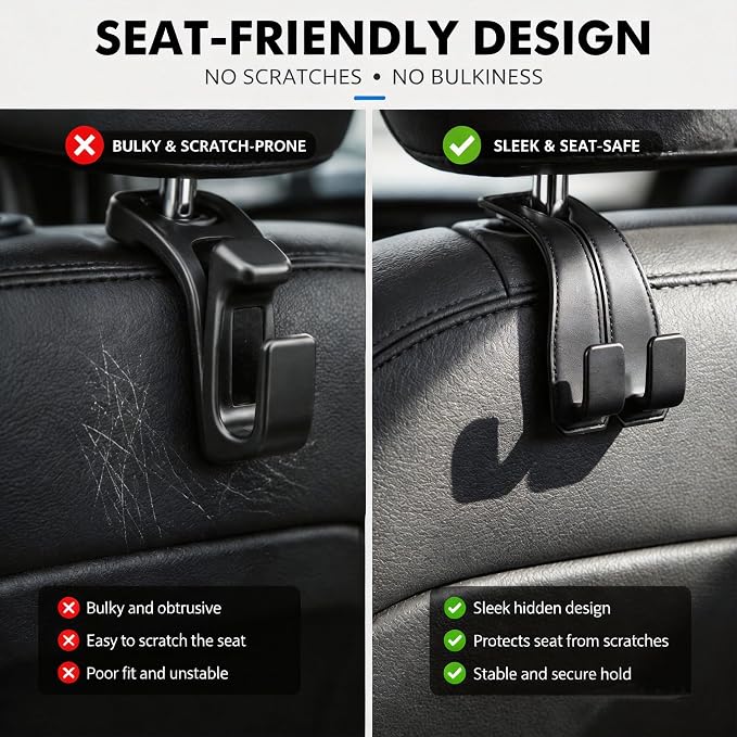 vidonio Car Headrest Hooks, 2 Pack 360° Rotating Double Hooks with Leather-Wrapped Metal Core, Heavy Duty Seat Back Purse Holder for Handbags, Grocery Bags and Backpacks, Black