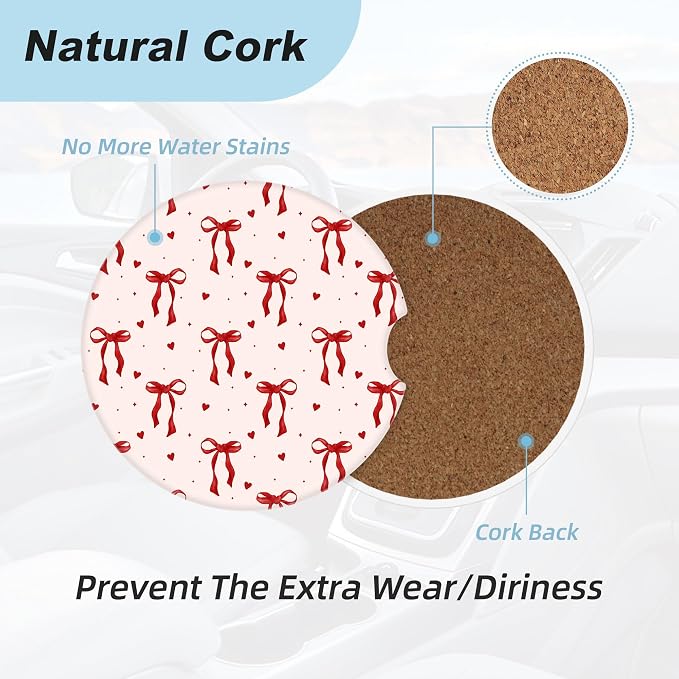 Cute Red Bow Car Coasters for Cup Holders,2 Pack Car Cup Holder Coasters for Car,Ceramic Absorbent Car Coaster with A Finger Notch and Cork Base,Car Interior Accessories for Women Men