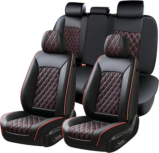 Huidasource Seat Covers, Car Seat Cover Nappa Leather Universal Fit for Most Cars, Vans, Trucks, SUVs, Compatible with Airbags, Child Seat, Car Seat Covers Velcro Adjustable (Full Set/Black&Red)