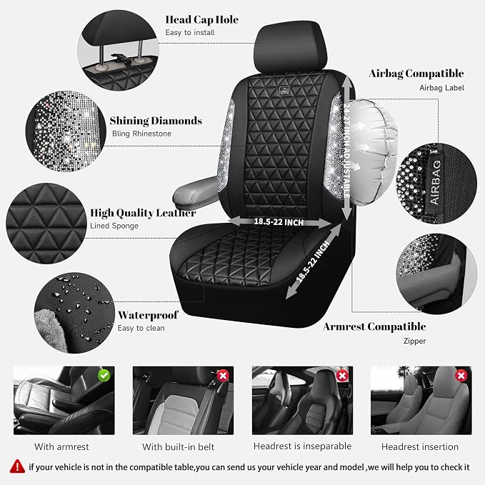 CAR PASS Bling Diamond Leather Car Seat Covers for 2 Front Interior Sets, Waterproof Shining Glitter Sparkly Crystal Universal Armrest Fit Automotive Truck SUV Cute Women Girl, Black Silver Rhinestone