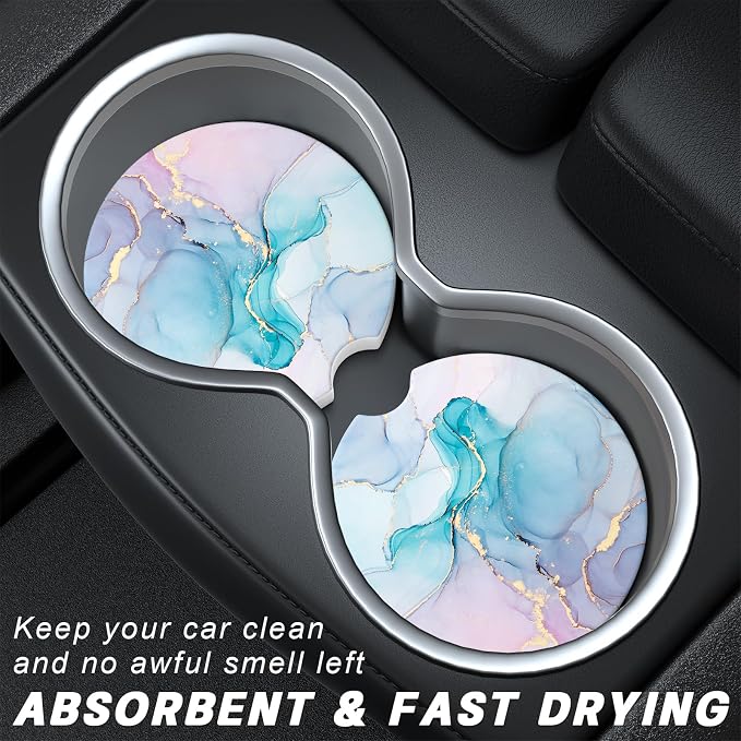 Aiawoxc Car Cup Holder Coasters, 2 Pack Universal Auto Anti Slip Insert Coaster with A Finger Notch, Cup Mat for Most Car Interior, Colorful Ink Marble
