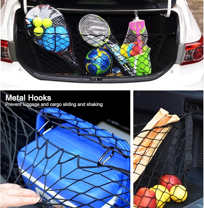 BAILALIBO Cargo Net with Metal Hooks, 35.4x15.8 in | Elastic stretchable mesh, adjustable for SUV/truck/jeep, universal fit, secure trunk storage, heavy-duty for car exterior