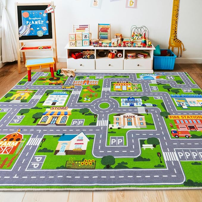 Car Rug Play Mat for Kids Toy Cars, City Road Traffic Playmat for Kid Bedroom, Non-Slip Machine Washable Kids Rugs for Learn and Have Fun 6'x9'/ 72"x108", Green