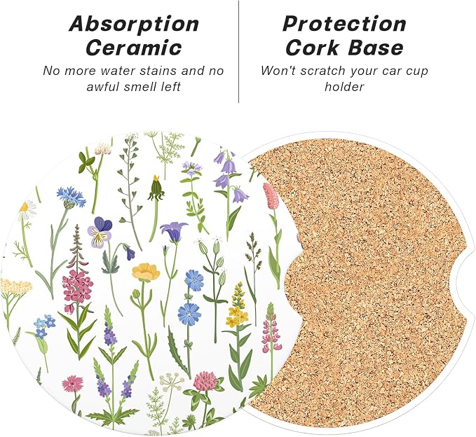 Aiawoxc Car Cup Holder Coasters, 2 Pack Universal Auto Anti Slip Insert Coaster with A Finger Notch, Cup Mat for Most Car Interior, Colorful Flower