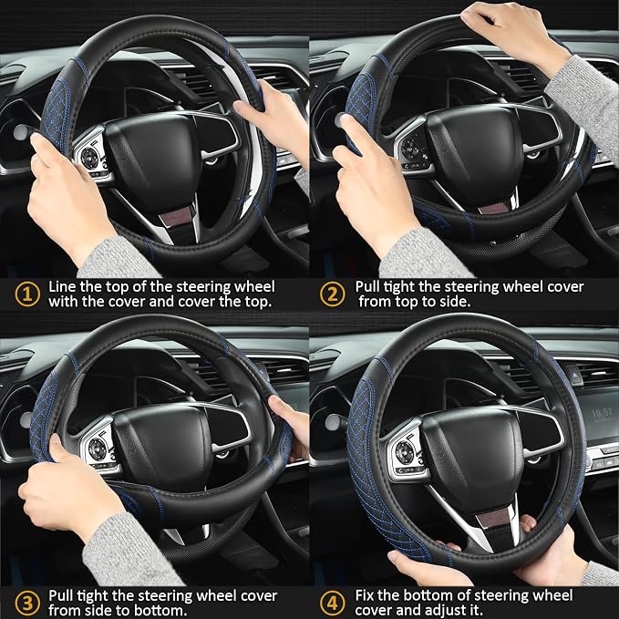 West Llama Customized Auto Car Steering Wheel Cover for Chevy 14.5-15 inches, Steering Wheel Cover for Chevrolet (Black+Blue - Standard Size)