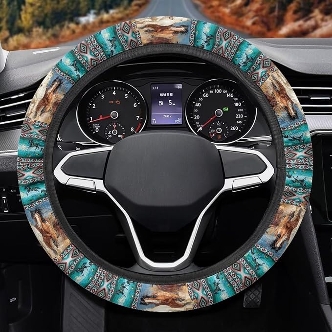 Wanyint Car Steering Wheel Cover Universal 15 Inch Steering Wheel Wrap Anti-Slip Soft Elastic Decorative Auto Accessories All Weather Protection, Aztec Running Horse Teal