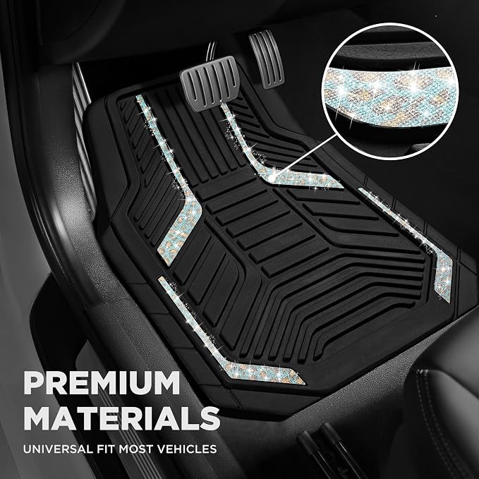 PIC AUTO Car Floor Mats, Leopard Sparkly Crystal Bling Glitter Car Mats Set, Front and Rear Heavy Duty Rubber Car Mats with Anti-Slip Backing, All Weather, Trim-to-Fit for Automotive SUVs, Sedan, Vans
