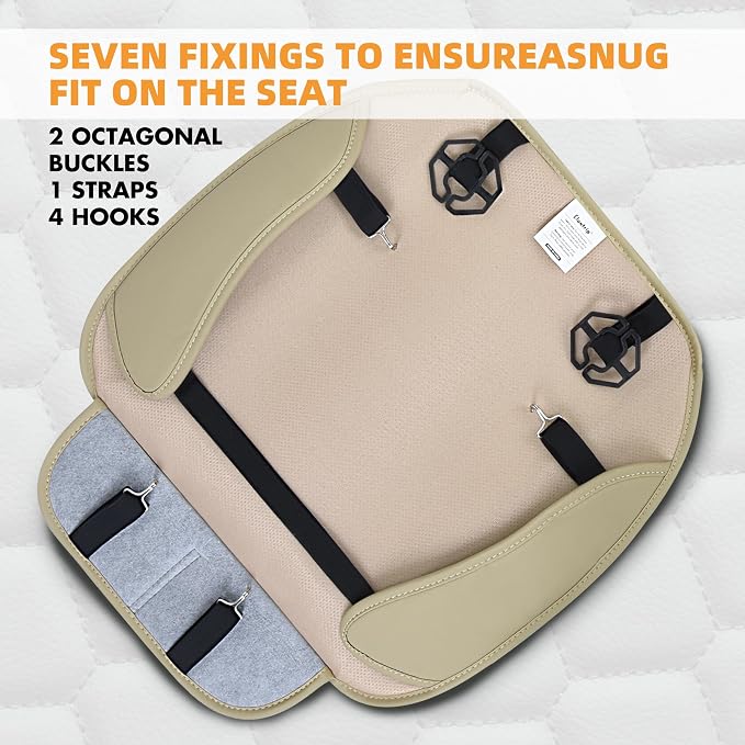 Elantrip 2 Pcs Faux Leather Beige Car Seat Covers with Padded Comfort and Storage Pockets Waterproof, Anti-Slip, Full Wrap Protection - Premium Interior Protectors for Cars, Trucks, SUVs