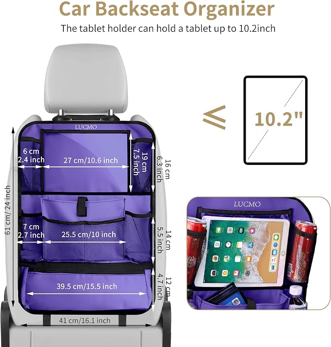 LUCMO Car Backseat Organizer with Touch Screen Tablet Holder, Dark Purple | 2 Pcs,9 Storage Pockets,Clear Tablet Holder,Protectors Kick Mats,Travel Accessories,Seat Cover,Road Trip Essentials