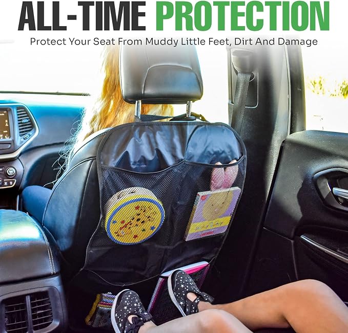 lebogner Back Seat Cover for Kids + 4 Pocket Storage Organizer, 2 Pack X-Large Waterproof Kick Mats Backseat Protector, Car Seat Back Protectors for Vehicles to Protect from Dirt, Mud & Scratches