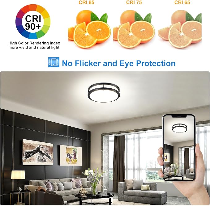 DLLT Flush Mount LED Ceiling Light: 10 Inch 5CCT (3000K-6000K) & Dimmable Ceiling Light Fixtures for Bedroom Hallway - 18W Modern Black 1600LM Super Bright Kitchen Lighting Fixtures Ceiling