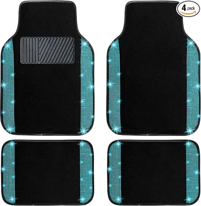 NBTEPEM Aquamrine Bling Car Floor Mats Full Set, Universal Fit Most Cars,SUV, Trucks, 4 pcs Sparkle Glitter Diamond Carpet for Women Girls with Anti-Slip Pad (Aquamarine Diamond)