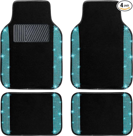 NBTEPEM Aquamrine Bling Car Floor Mats Full Set, Universal Fit Most Cars,SUV, Trucks, 4 pcs Sparkle Glitter Diamond Carpet for Women Girls with Anti-Slip Pad (Aquamarine Diamond)