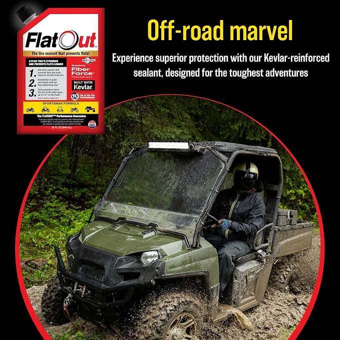 FlatOut Tire Sealant Sportsman Formula - Prevent Flat Tires, Seal Leaks, Contains Kevlar, 32-Ounce Bottle, 1-Pack…