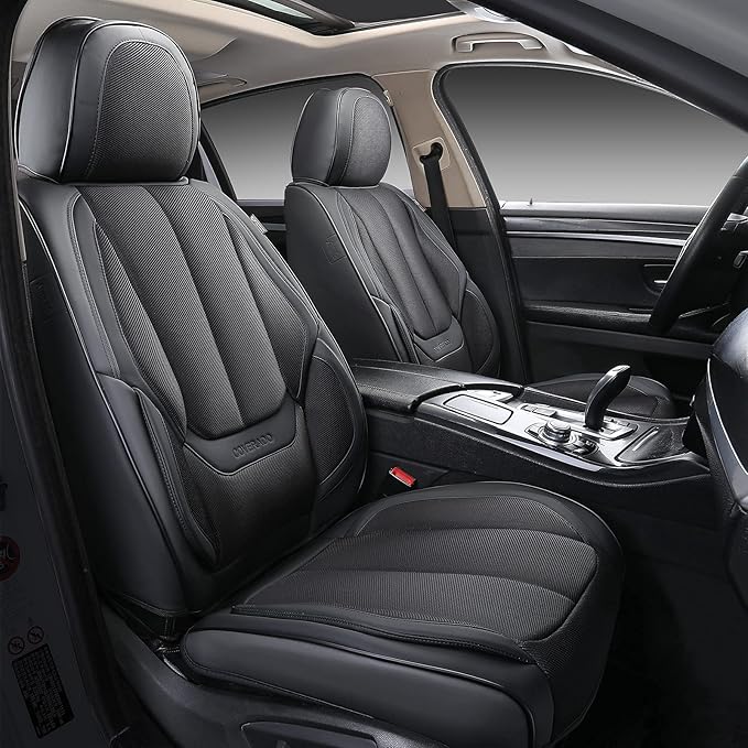 Coverado Front Seat Covers, Waterproof Universal Seat Covers for Cars, Breathable Fabric & Leather Car Seat Protectors, Car Seat Cushions Auto Accessories Fit for Most Sedans SUV Truck, Black