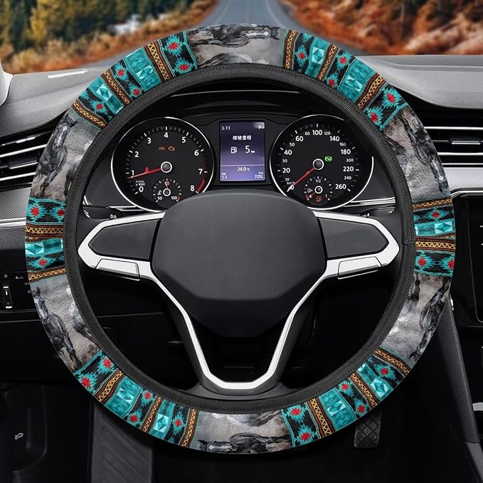 Wanyint Aztec Horse Teal Gray Car Steering Wheel Cover Universal 15 Inch Anti-Slip Neoprene Auto Steering Wheel Protector Car Accessories Decor for Women Men