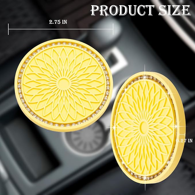 2PCS Bling Car Cup Holder Coasters, 2.75 Inch Silicone Anti-Slip Insert, Bling Shockproof Cup Mat for Women Girls, Universal Fit for Most Vehicles (Yellow & White)
