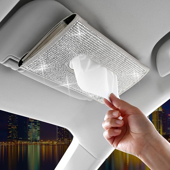 ChuLian Bling Bling Car Visor Tissue Holder Leather Crystals Paper Towel Cover Case & Glitter Sunglasses Clip for Women Beige