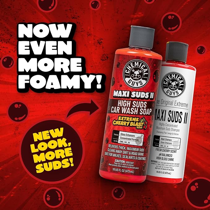 Chemical Guys Maxi Suds II Cherry Scent Car Wash Soap and Chenille Microfiber Wash Mitt Bundle, High Foam Shampoo for Foam Cannons, Guns, and Buckets, Safe for All Paint - 64 Fl Oz