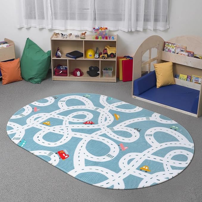 STARUIA Small Road Rug for Kids Room, 3'x5' Washable Kids Play Rug, Non-Slip Car Rugs for Playroom, Kid Play Mat Blue Traffic Carpet for Boys Girls Dorm Toy Room Tent
