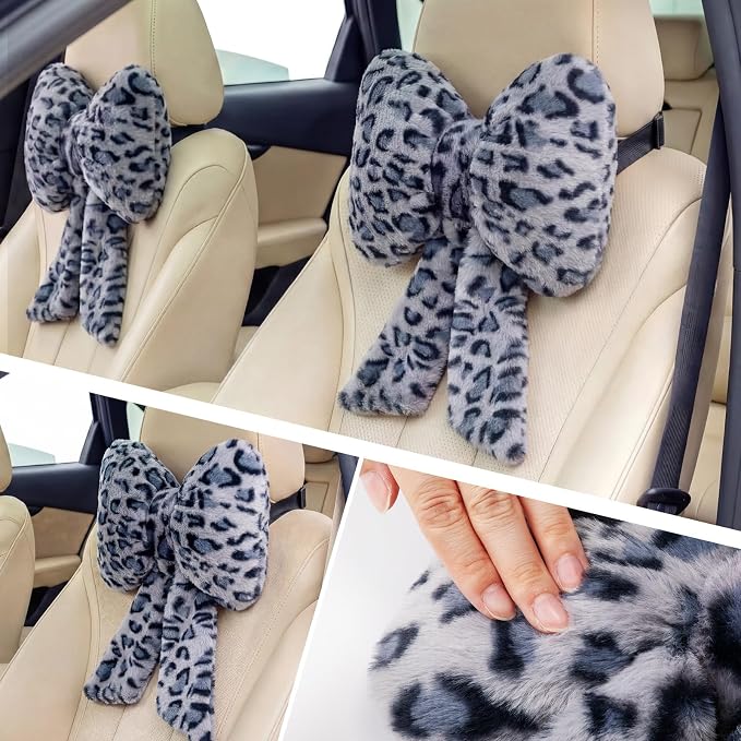 Macarrie 2 Pcs Car Neck Pillow Plush Butterfly Bow Car Headrest Pillow Comfortable Seat Neck Support Cute Head Rest Accessories for Driving Travel Driver Chair Girl Interior Decor(Blue,Leopard)