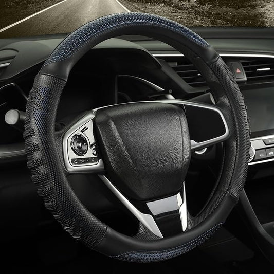 Anti-Slip Silicone Steering Wheel Cover Great Grip with 3D Honeycomb | Heavy-duty Microfiber Leather Sporty Design, Small 13.5 inch - 14 inch, Black with Blue
