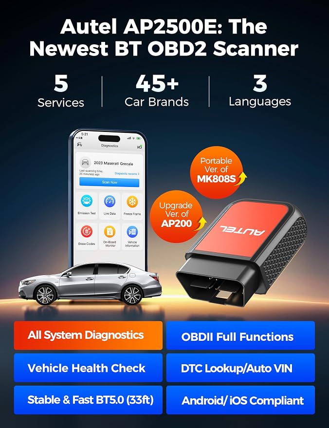 Autel AP2500E Bluetooth Code Reader OBD2 Scanner, Oil Reset, TPMS, EV Battery, BMS Reset, All-System Code Read/Clear, OBD2 10 Tests, Check Engine Light, 45+ Car Brands, for Android/iOS