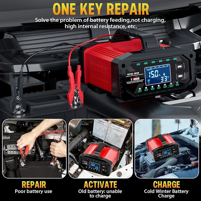 YONHAN Battery Charger 0-15A 12V/24V Adjustable Current | LiFePO4 Car Battery Charger, Battery Maintainer Automatic Trickle Charger, Battery Desulfator w/Temp Compensation