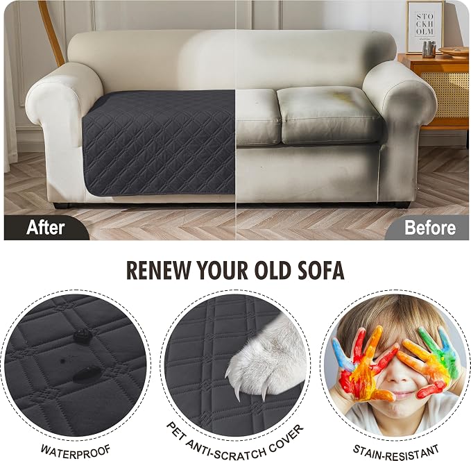 Genina Waterproof Couch Cover, Washable Anti-Slip 51 inch Loveseat Sofa Covers with 2 Cushions, Sectional Couch Covers for Pets Friendly, Sofa Slipcovers for Dogs Cats, (51inch/Charcoal Grey)