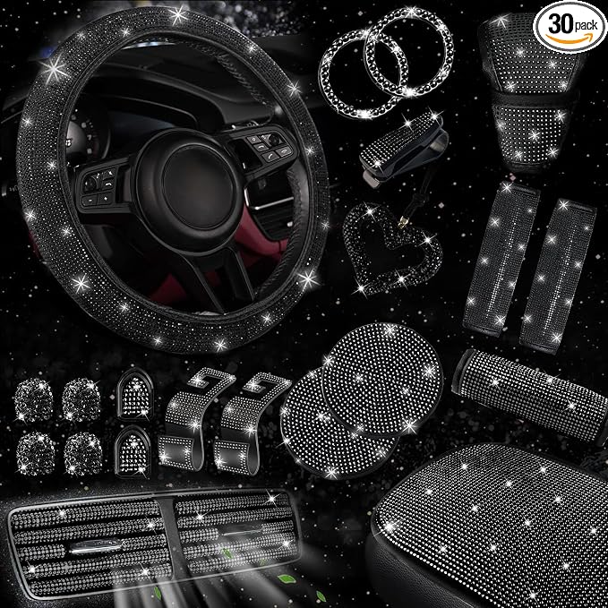 NBTEPEM 30 Pcs Black Bling Car Accessories Set for Women, Steering Wheel Cover Set, Bling Console Cover, Seat Belt Cushion, Shift Knob Cushion, Cup Holder Coaster, Rhinestone Car Hanging Accessories