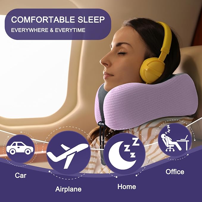 napfun Neck Pillow for Traveling, Upgraded Travel Neck Pillow for Airplane 100% Pure Memory Foam Travel Pillow for Flight Headrest Sleep, Portable Plane Accessories, Light Purple