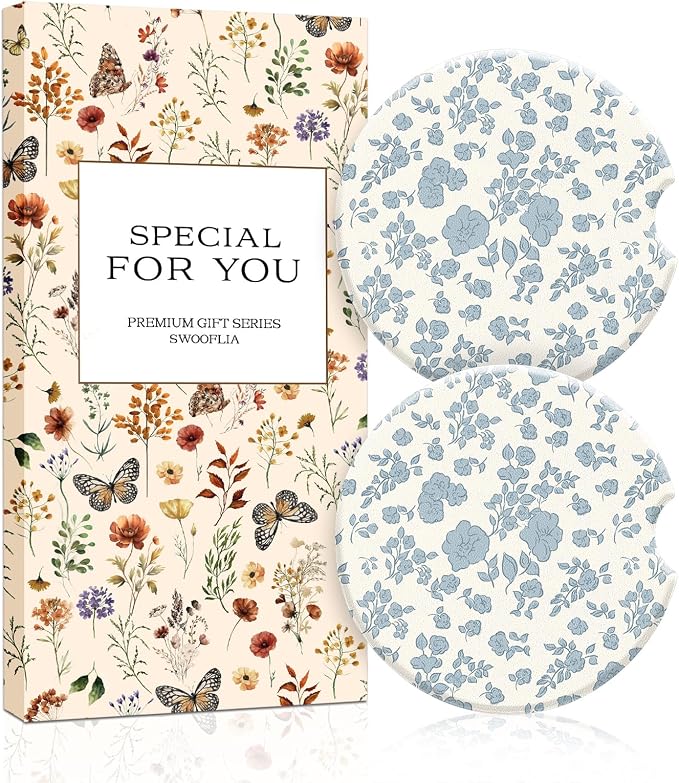 Swooflia Floral Absorbent Ceramic Car Coasters Set of 2, Cute Botanical Wildflower Cup Holder Coasters for Car, Blue Flower Car Accessories for Women, Unique Gifts for Mom, Friends, Teachers Coworkers
