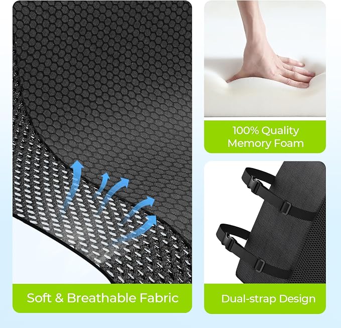 AUVON Lumbar Support Pillow for Office Chair with Patented Bulge for Lower Back Support, Ergonomic Office Home Essentials Improve Posture, Memory Foam Chair Cushion with Straps for Home, Office, Car