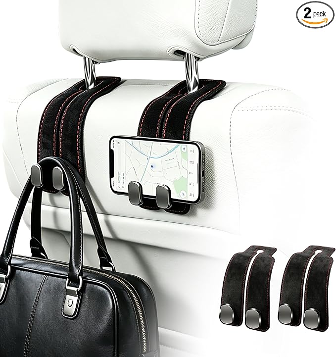 SUKIPIN Car Hooks, Car Seat Headrest Hooks for Purses and Bags 2-Pack Black | Car Accessories for Women, Solid Durable Construction, Quick Tool-free Mounting, Universal Fit for Most Vehicle Headrests