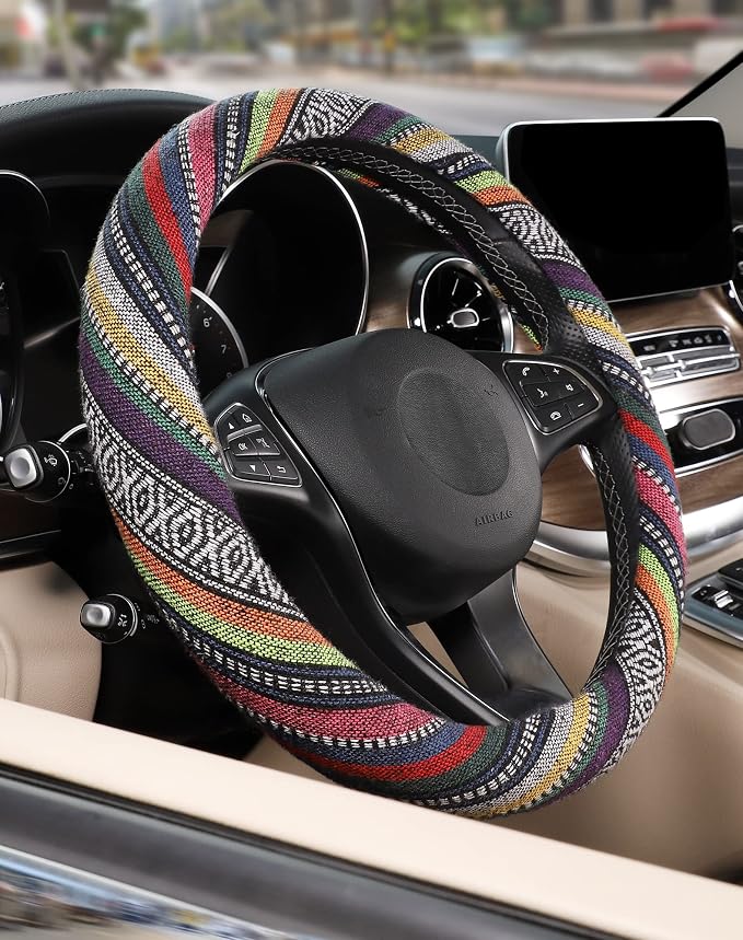 SEG Direct Boho Steering Wheel Cover, Baja Blanket Cloth, Coarse Flax | Bohemian Car Decor, Ethnic Style, Coarse Flax, Fabric Cover Fits 14 1/2-15 1/4 inches Standard Medium Size, for Women Men
