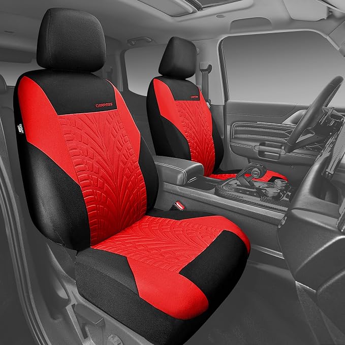 CAR PASS Car Seat Covers Full Sets, Front & Split Rear Bench for Car, 3D Tyre Embossed Automotive Interior Covers, Airbag Compatible, Quick Setup Universal Fit Seat Covers for Car, SUV(Black Red)