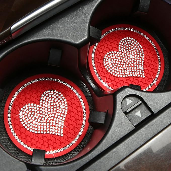 Bling Cup Holder Insert Coaster- 2.75 inch Silicone Anti-Slip Shockproof, Universal Fashion Car Interior Accessories for Women (RED&Love, 2 PCS)