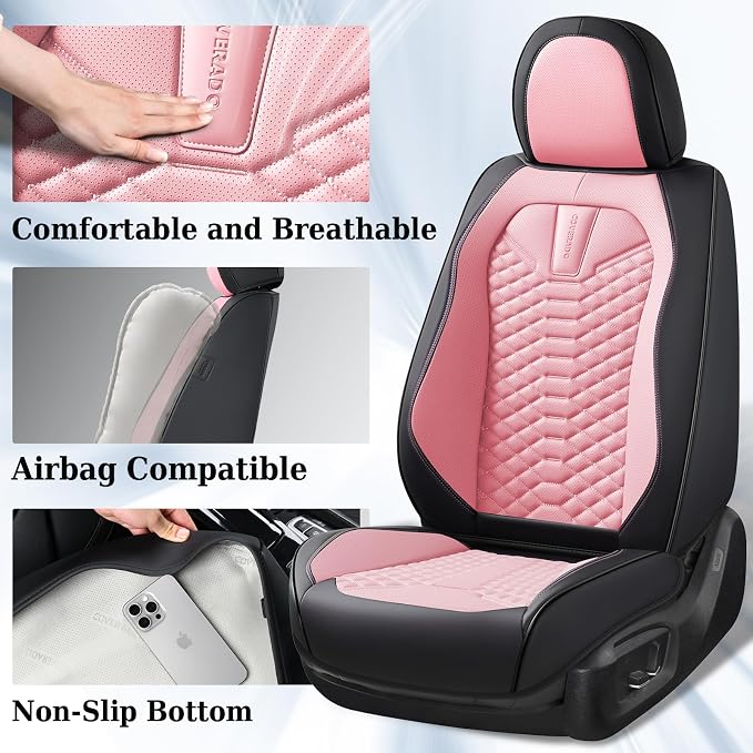 Coverado Car Seat Covers, Front Seat Cover, Waterproof Nappa Leather Seat Covers for Cars, 2 Pack Car Seat Protectors, Car Seat Cushion, Automotive Seat Covers Universal Fit for Most Cars (Black&Pink)