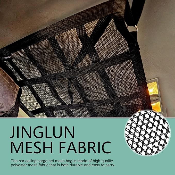 Upgrade Car Ceiling Cargo Net Pocket, 31.5" x 20.9" Double-Layer Mesh Car Roof Storage Organizer, Universal Auto Accessories with Adjustable D-Buckle for SUVs, Road Trips, Camping Essentials