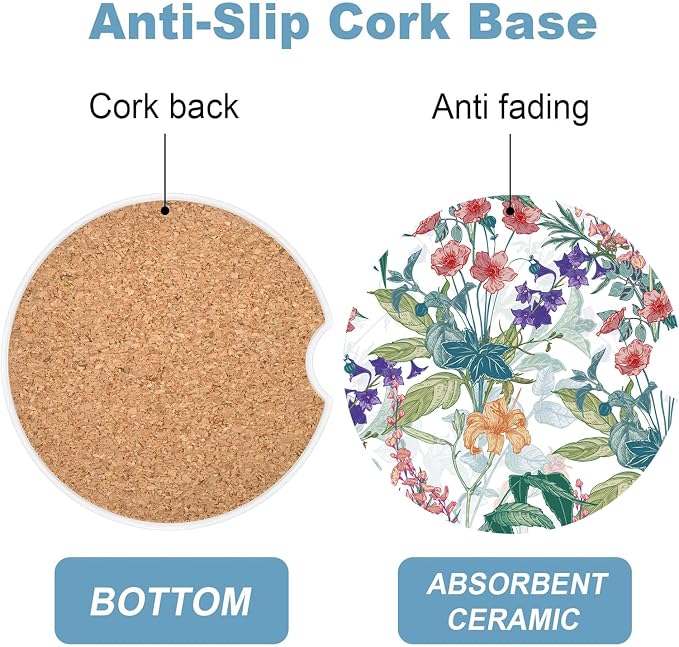 Car Cup Holder Coaster Set of 2, 2.56 in Ceramic Coasters, Scratch-Resistant Cork Backing, Finger Groove Design for Easy Placement, Cute Car Accessories Interior for Women (Trumpet Flower)