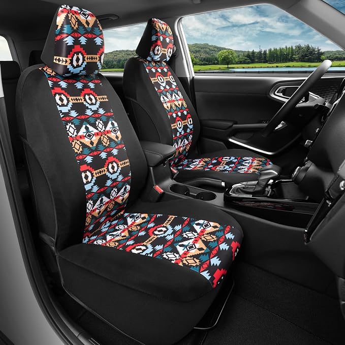 BDK Aztec Pattern Car Seat Covers for Front Seats, 2-Pack Geometric Print Front Seat Cover Set with Matching Headrest, Sideless Design for Easy Installation, Universal Fits Most Cars Trucks Vans SUVs