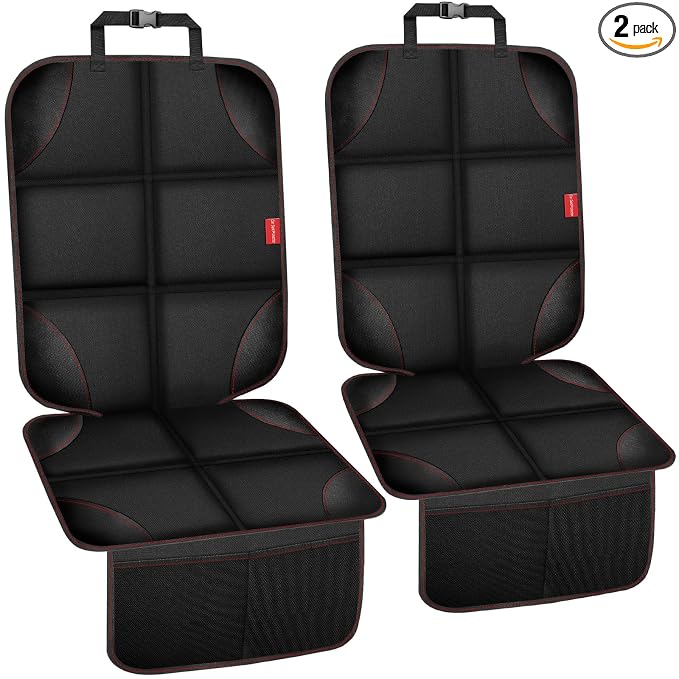Car Seat Protector for Child Car Seat, Waterproof Durable 600D Fabric Car Seat Cover with Thickest Padding, Seat Protector Under Baby Car Seat with Non-Slip Backing Mesh Pockets, Thicker Black, 2PCS