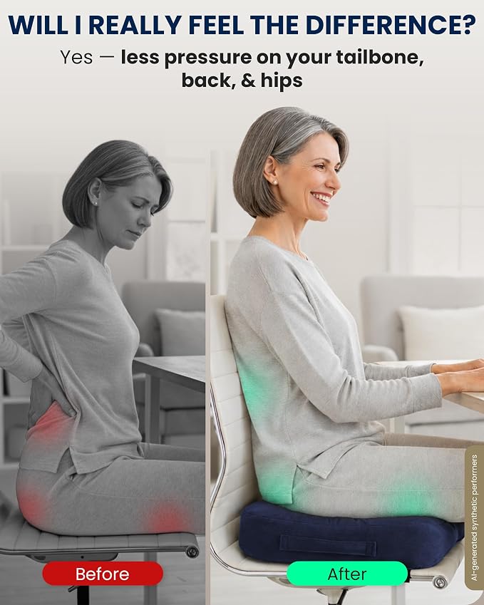 5 STARS UNITED Seat Cushion - Memory Foam Chair Cushion for Tailbone Pain Relief - Ergonomic Support for Coccyx, Sciatica & Butt - Office, Desk & Gaming Chair, Car Seat, Wheelchair, Airplane, Blue