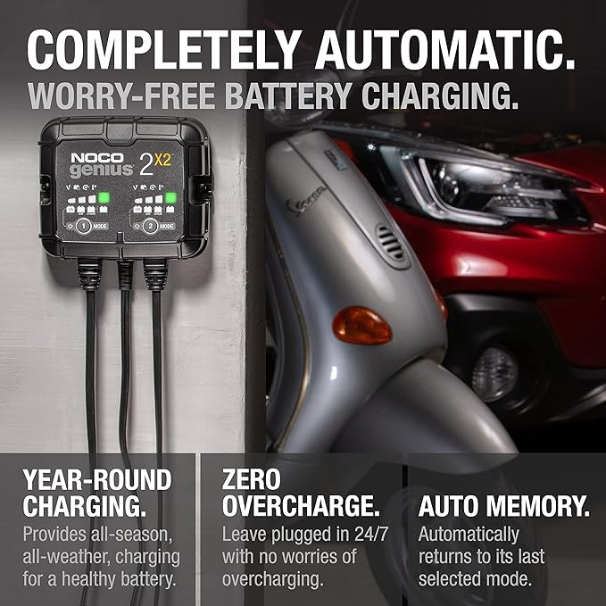 NOCO GENIUS2X2: 4A 2-Bank Smart Battery Charger (2A/Bank) - 6V/12V Automatic Maintainer, Trickle Charger & Desulfator with Overcharge Protection & Temperature Compensation – for Lead-Acid & Lithium