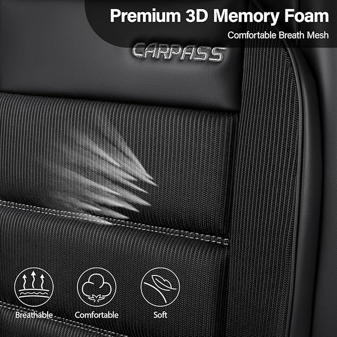 CAR PASS Memory Foam Seat Covers Full Sets, Airy Cool Mesh Thick Car Seat Covers, Leather Car Seat Covers 5 Seats Airbag Compatible, Universal Automotive Comfort for Most Cars, Trucks, SUV, Black